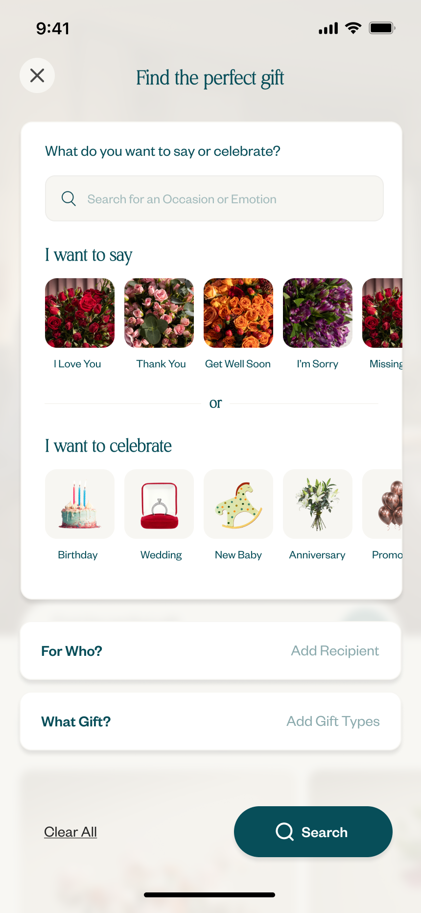 Gift Finder, occasion and emotion picker