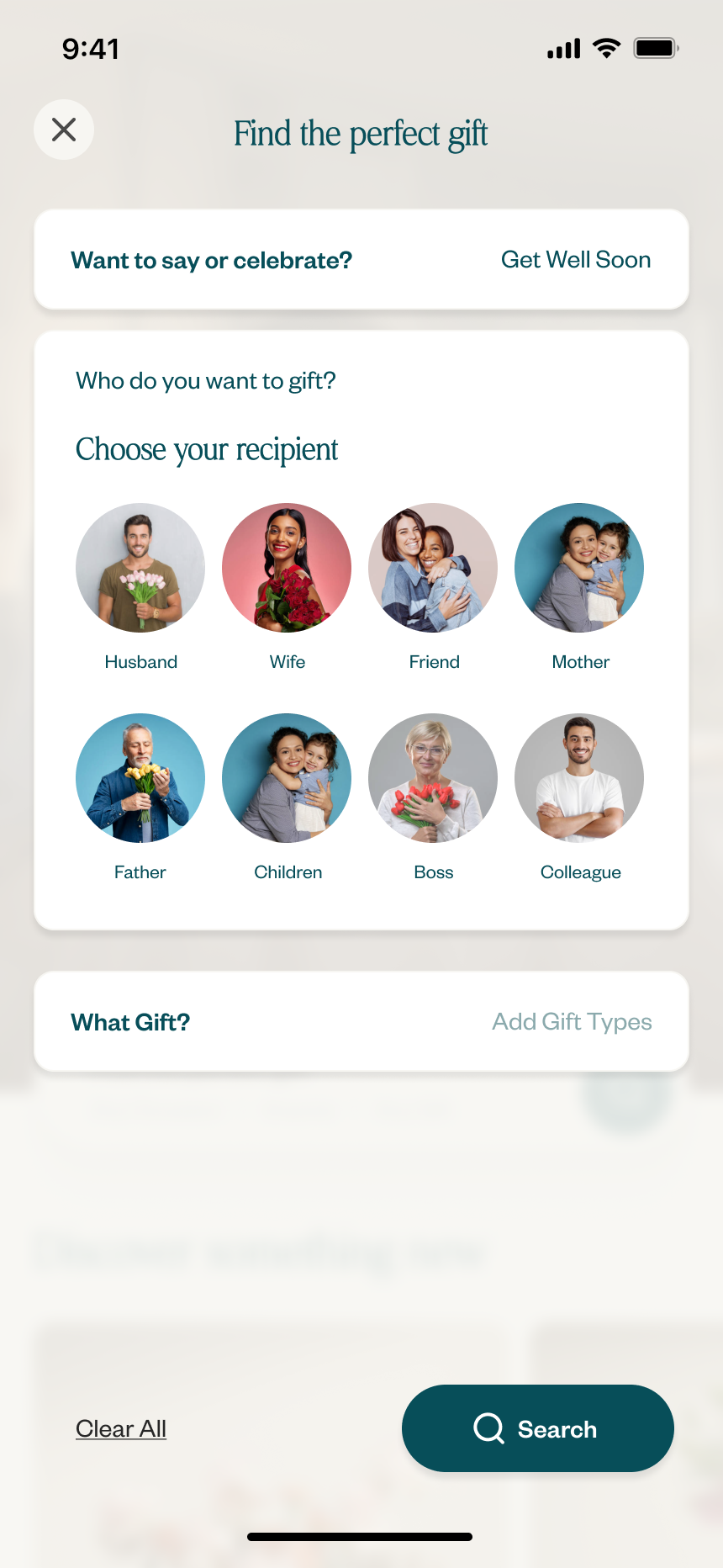 Gift Finder, recipient and gift type