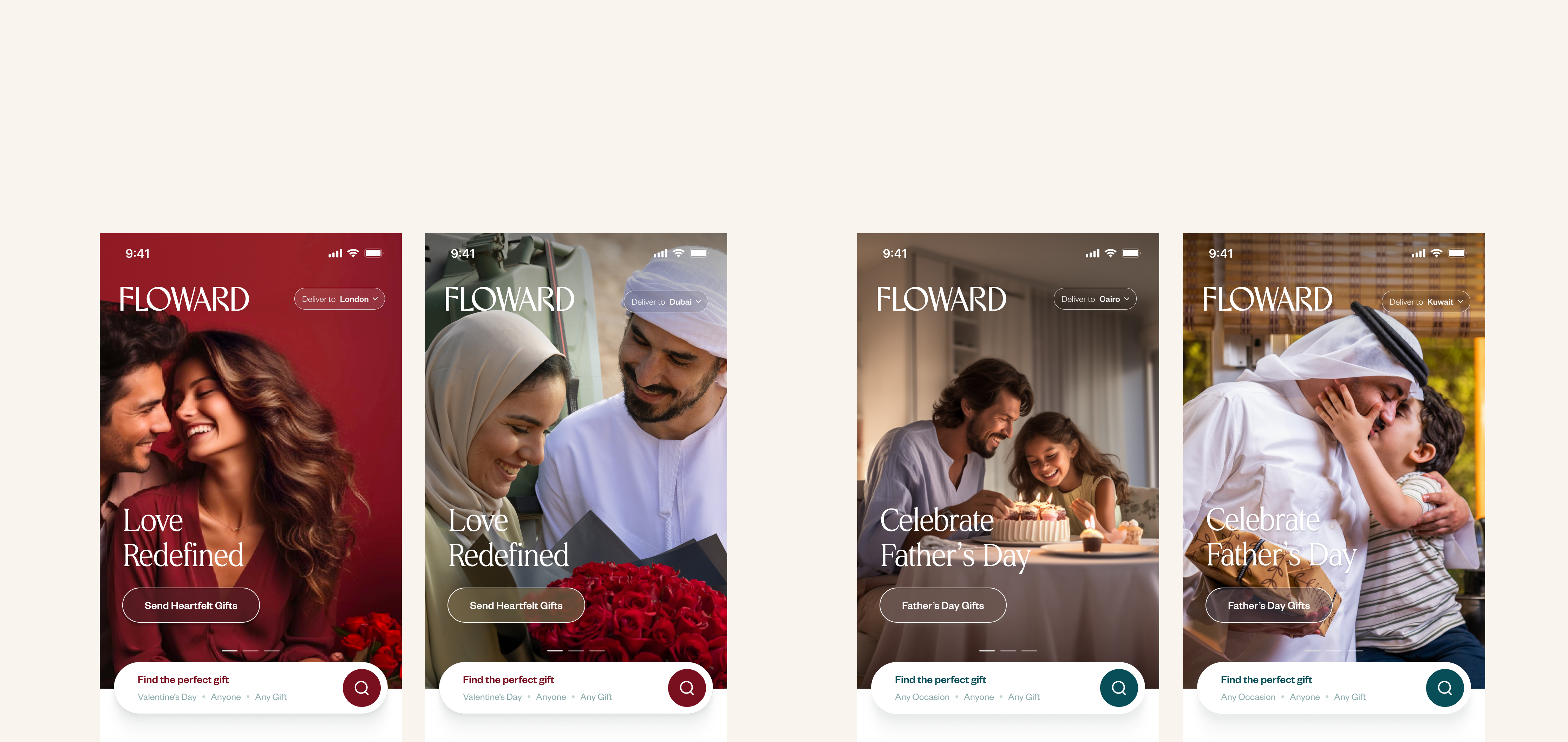 Localized Floward banners across London, Dubai, Cairo, and Kuwait