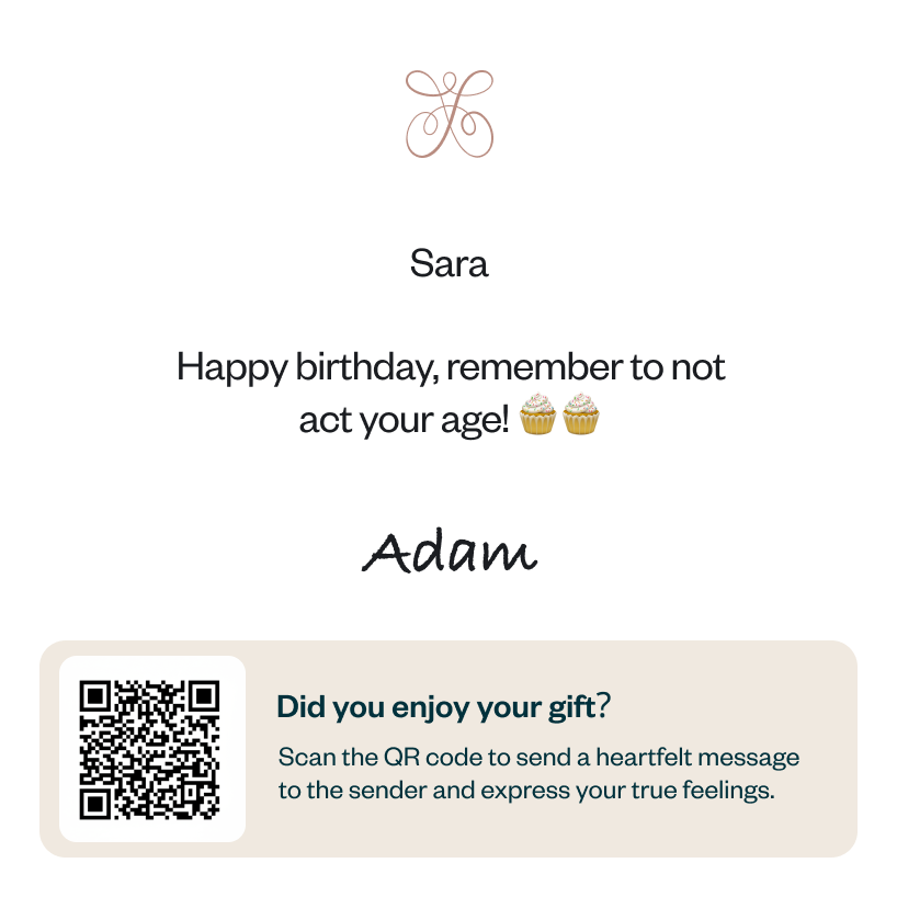 Thank the Sender, physical card included in every gift, with a QR code linking the recipient to a thank-you page