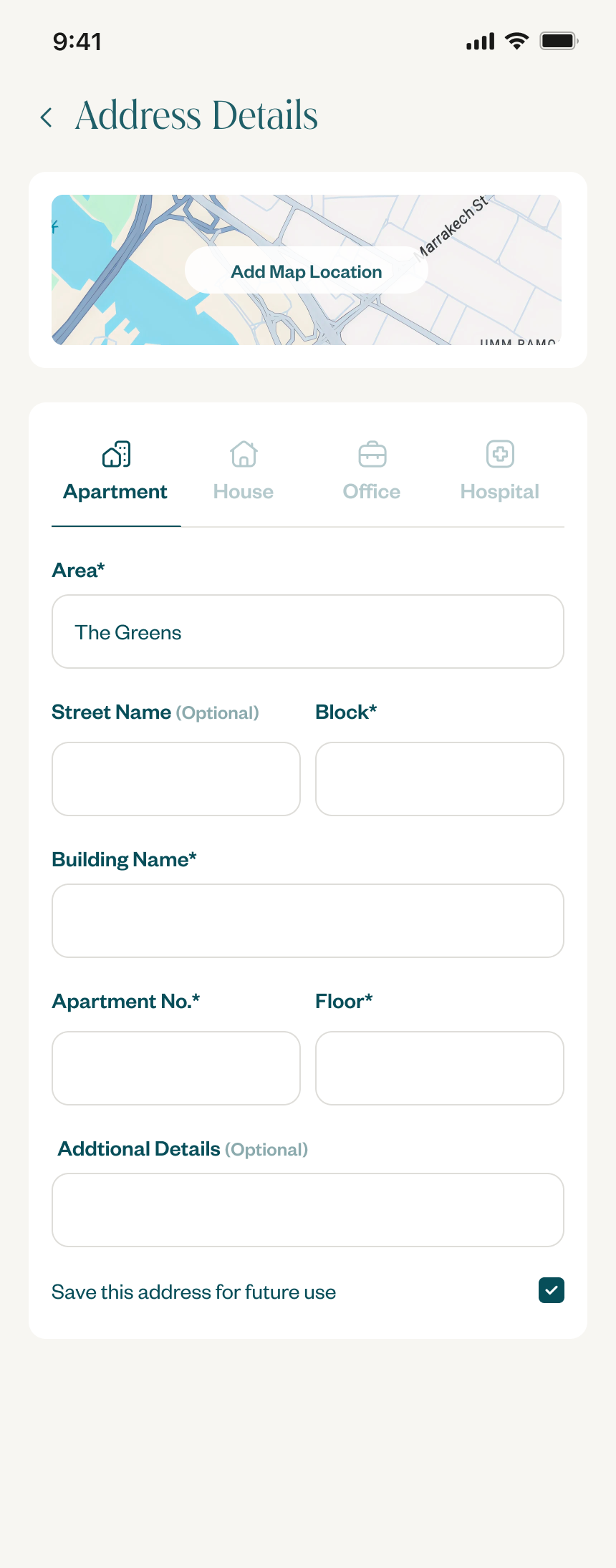 Localized address form, Kuwait, with block, street, and avenue numbers