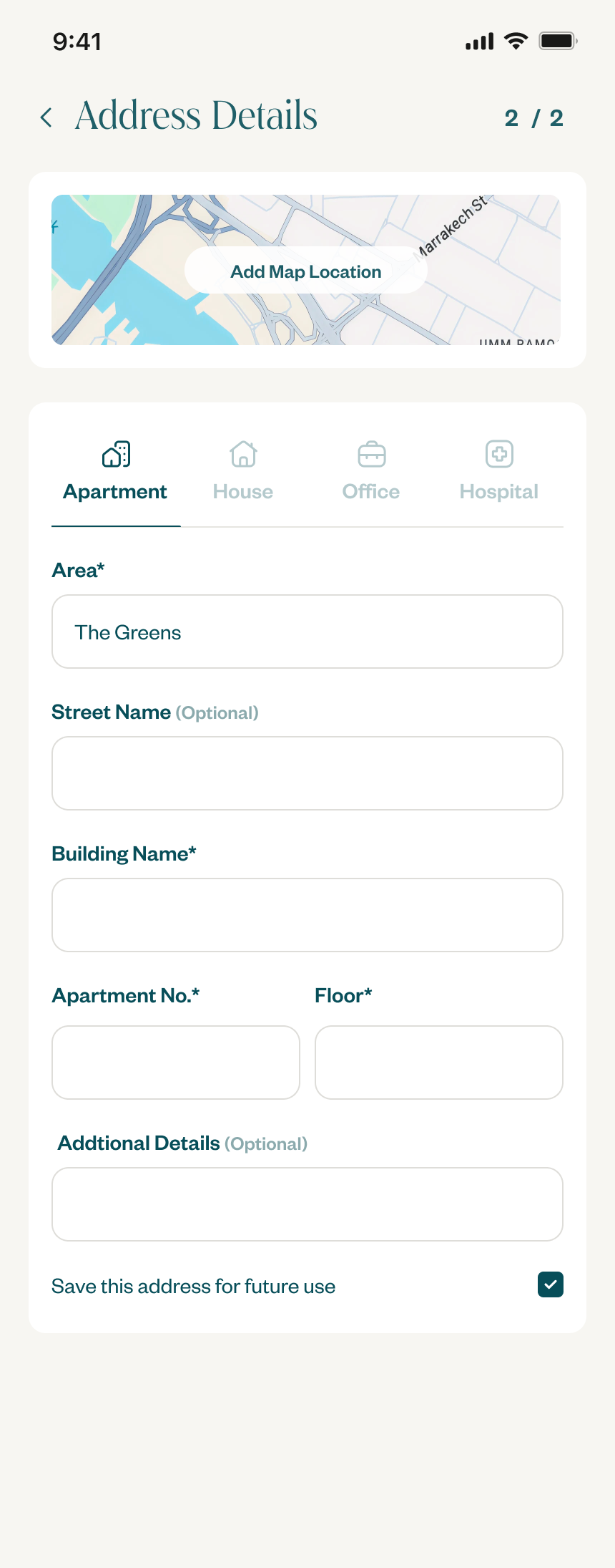 Localized address form, UAE, with building name and apartment number