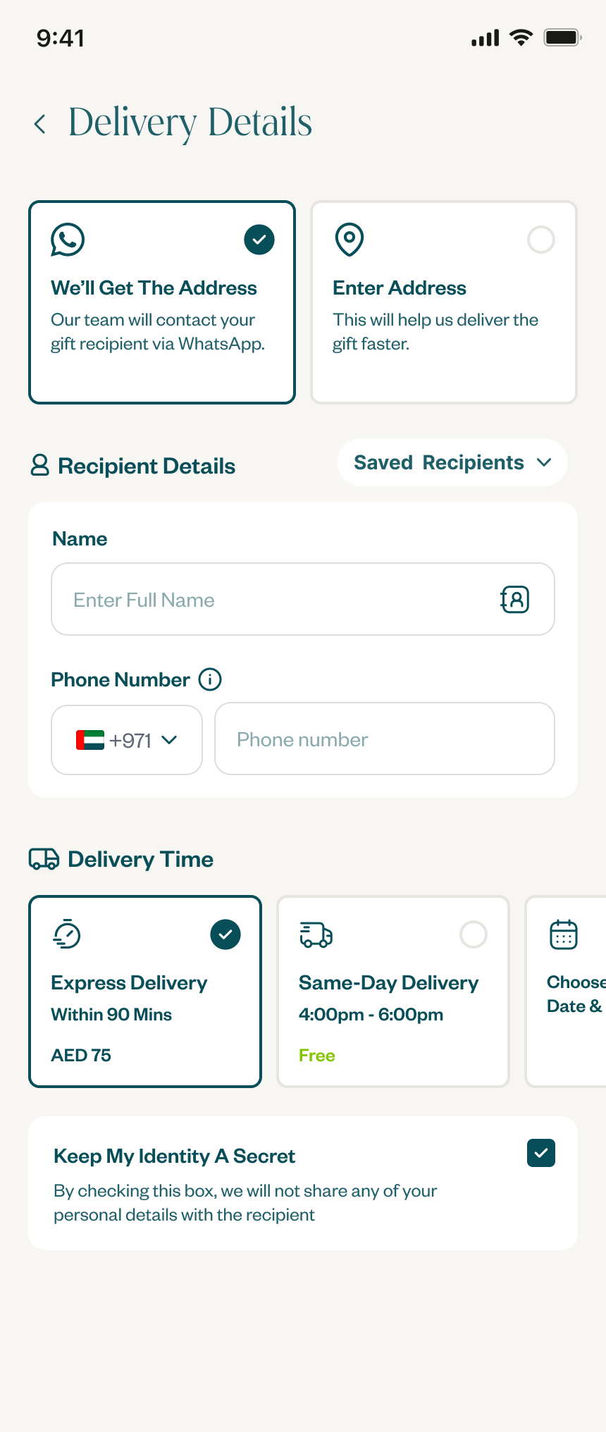 A/B test Variant A, two tappable choices at the top of the shipping page before any input fields