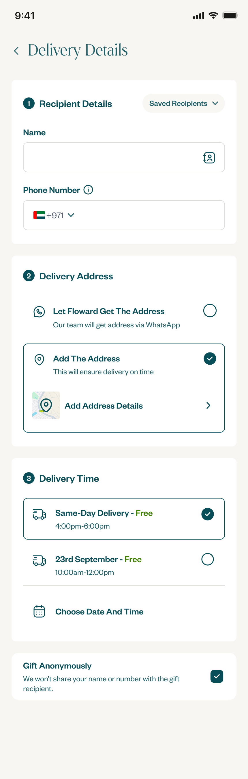 Variant B with radio buttons below details, asking the sender to pick between adding the address or asking the recipient