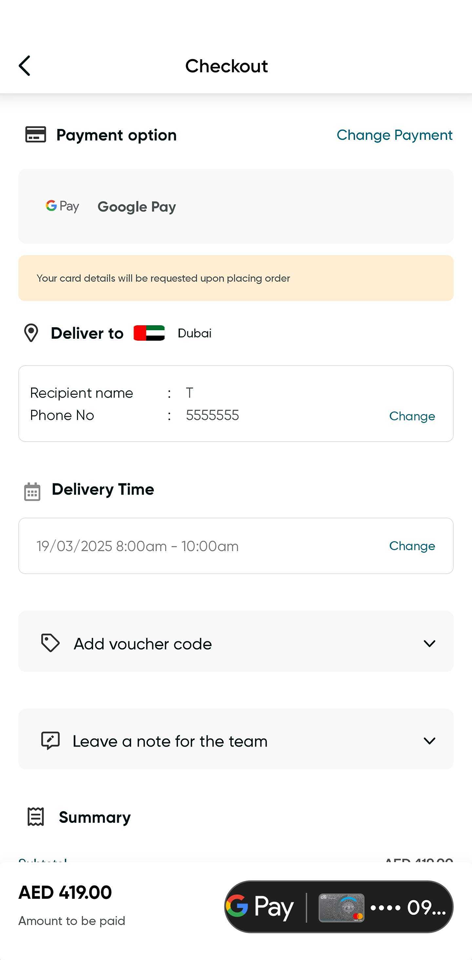 Old Floward checkout, Checkout summary with payment option and order details