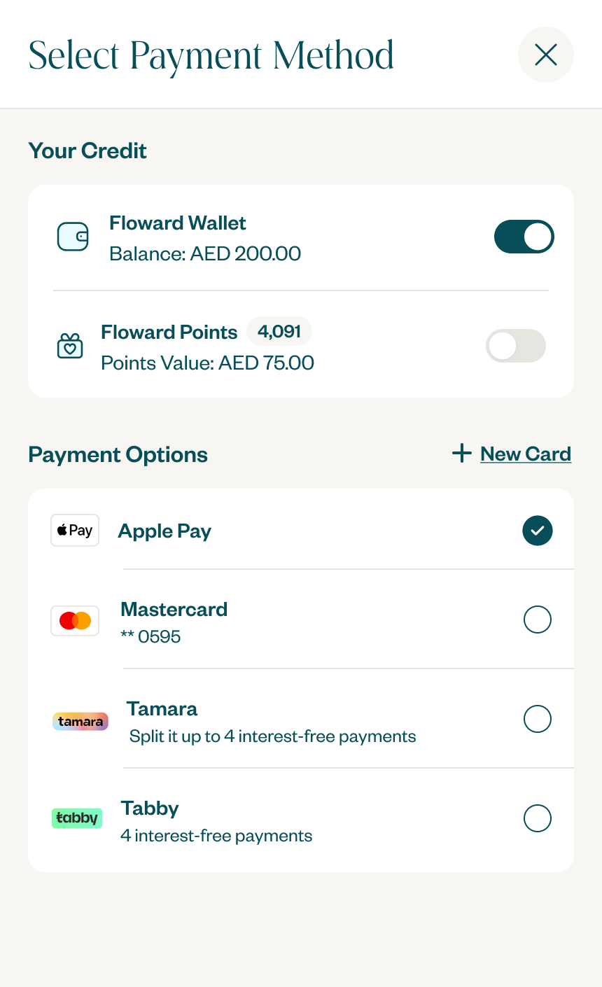 Payment method picker modal with Apple Pay, cards, and other options