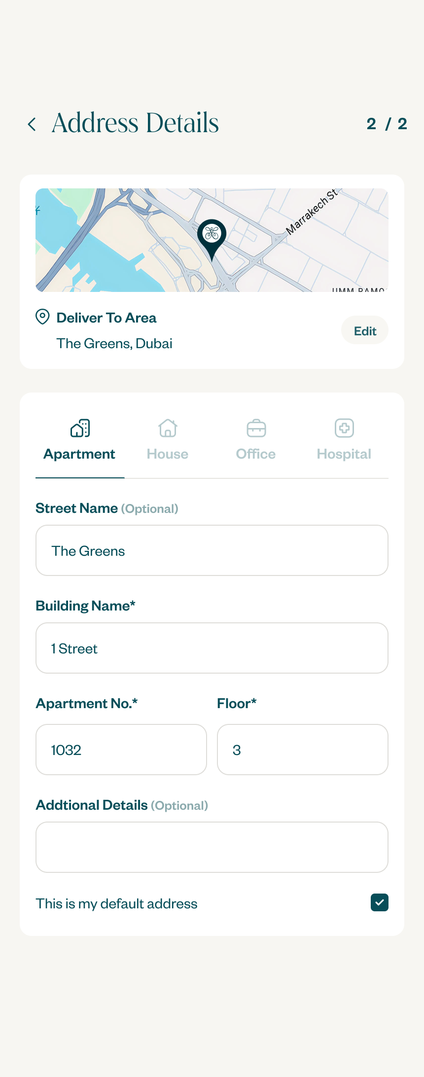 Address details form, building name, apartment number, floor, step 2 of 2