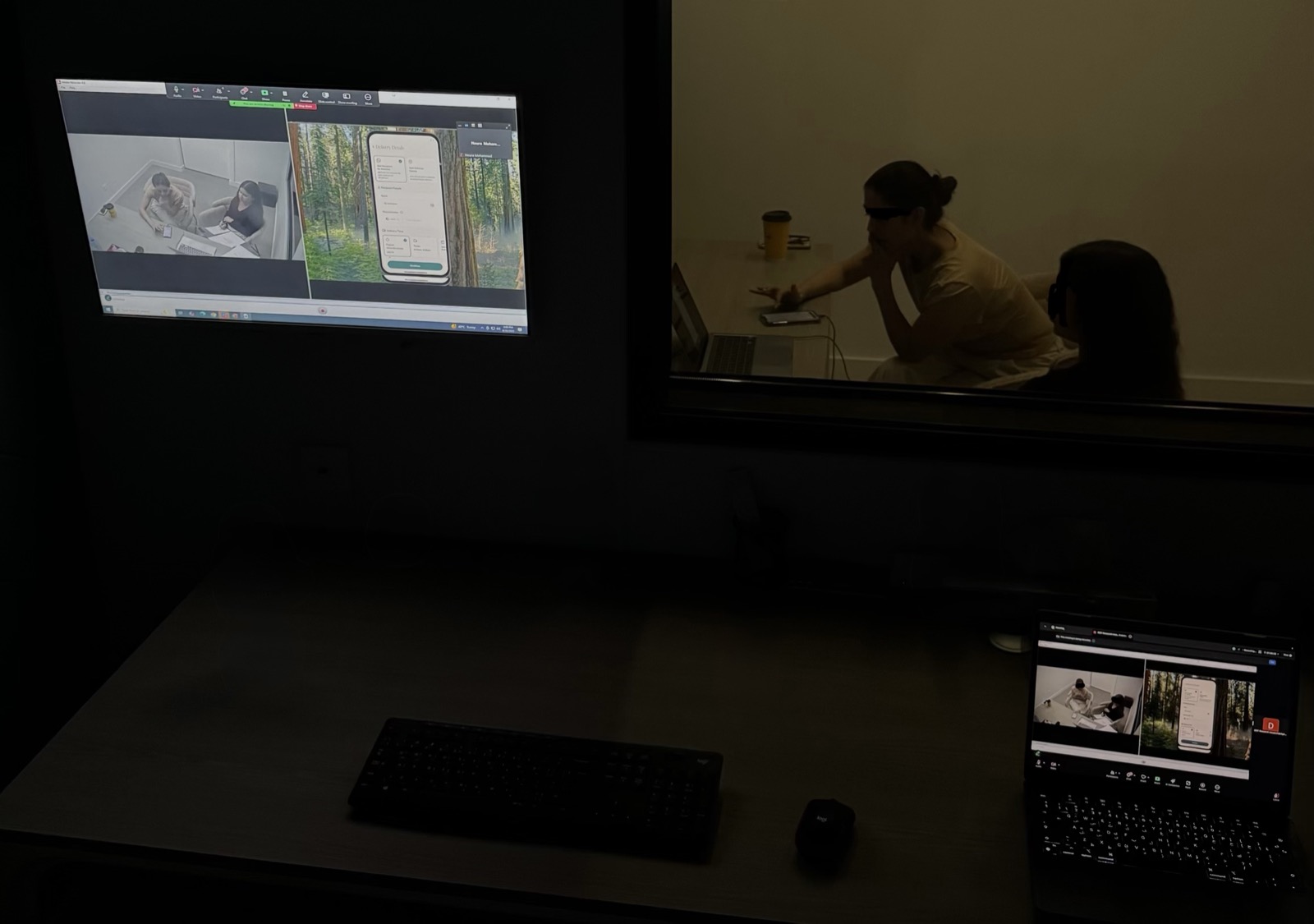 Floward usability lab, observation room with one-way mirror, projector showing the participant and the screen they're using, observers watching from the other side
