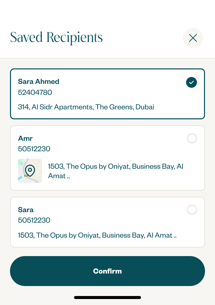 Saved Recipients modal, pick a previous recipient, then Confirm
