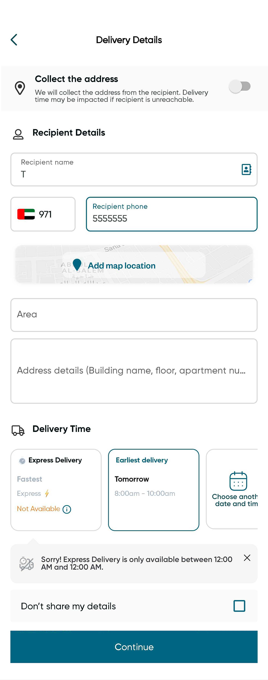 Shipping page with the Collect the address toggle OFF, address fields appear for the sender to fill in directly