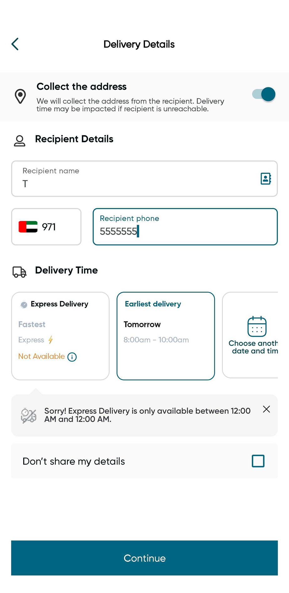 Shipping page with the Collect the address toggle ON, no address fields shown, sender enters only recipient name and phone